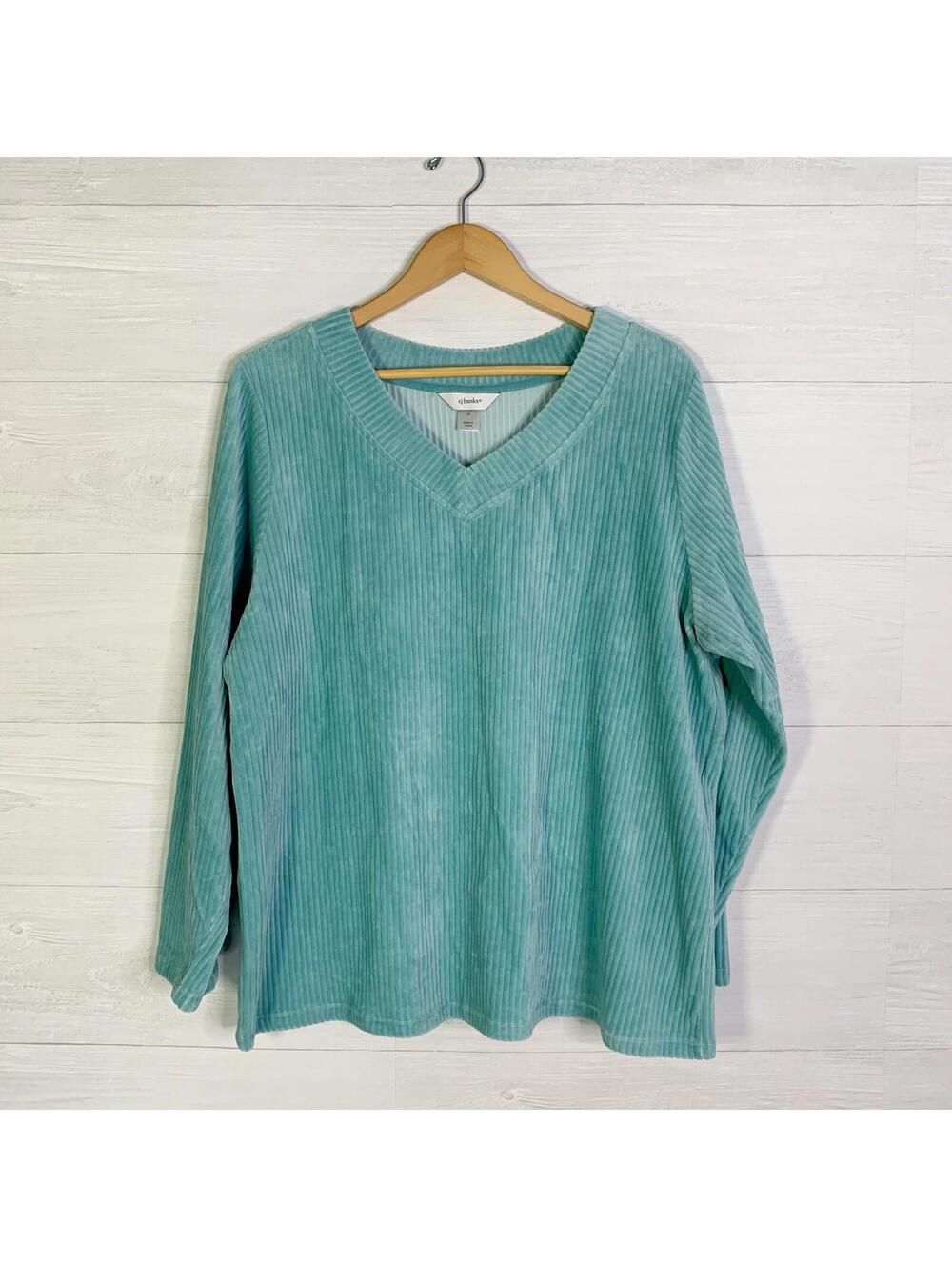 NWT CJ Banks Aqua Blue Ribbed Velour V Neck Pullover Top 1X Plus Size